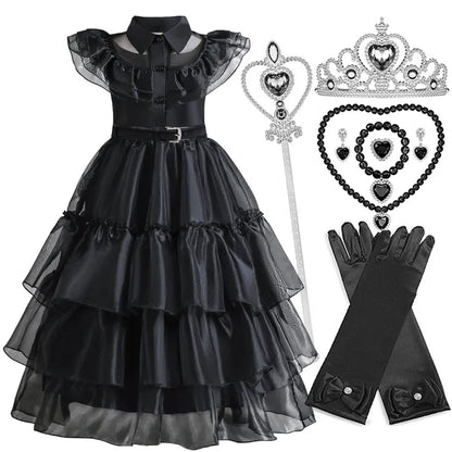 2026 Halloween Festival Popular Black Dress Girls Cosplay Short Sleeve Ruffles Clothing With Belt + Accessories Set Gift