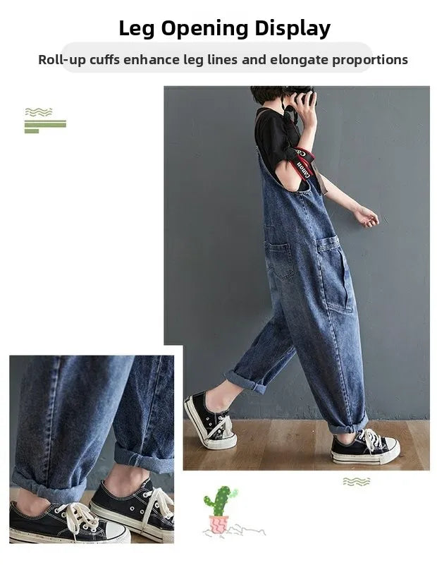 Anti-Aging High Waist Loose Women's Denim Overalls Korean Sle Summer Faion Thinming Harem Nine-Piece Pants