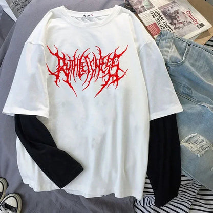 Fashion Punk Dark Style Printed Round Neck T-shirt Y2K Sport Harajuku Thin Women's Top Long Sleeves T Shirt Outdoor Loose Shirt