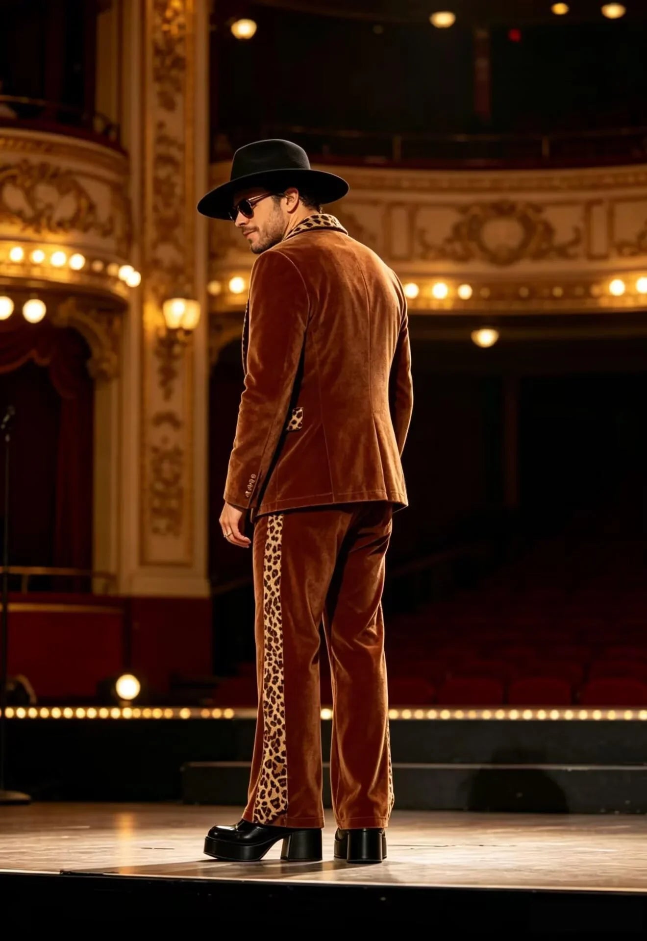 Luxury Men's Velvet Suit Notch Lapel Jacket Leopard Print Patchwork Trim Wide Leg Flare Trousers Tuxedo Cosplay Prom Event
