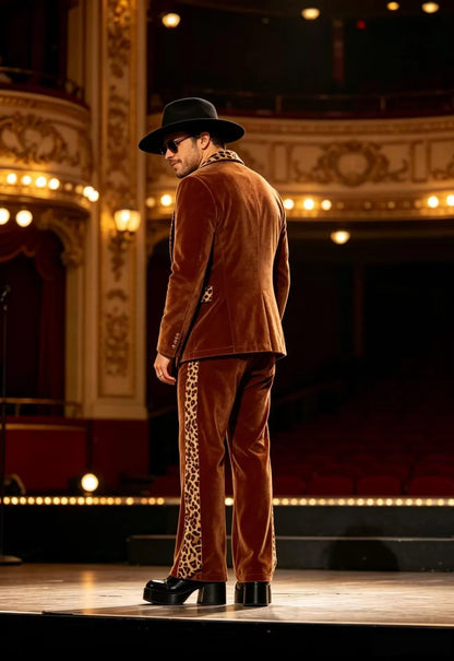 Luxury Men's Velvet Suit Notch Lapel Jacket Leopard Print Patchwork Trim Wide Leg Flare Trousers Tuxedo Cosplay Prom Event