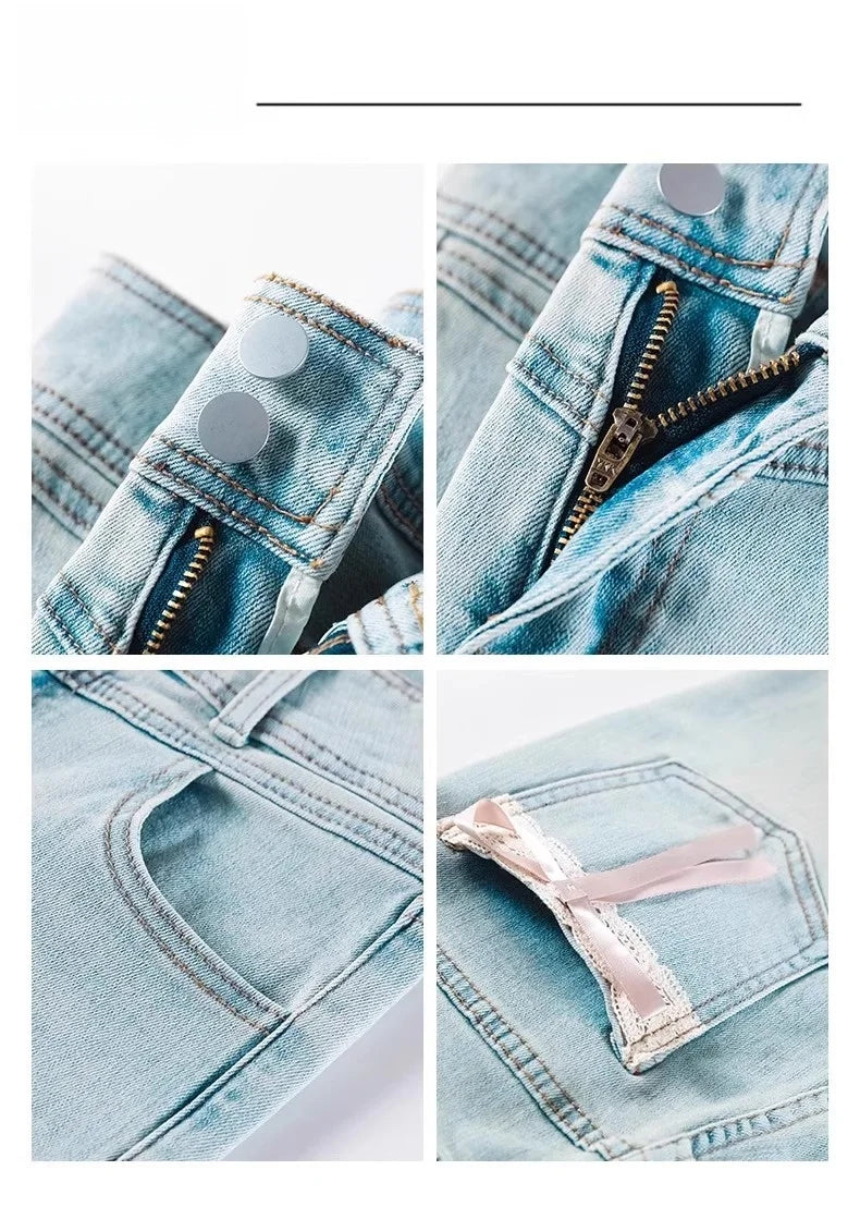 High Waist Bell Bot Denim Jeans Women's Light Color Peach Butt Design Slimming Fitted Floor Length  Hoof Pants