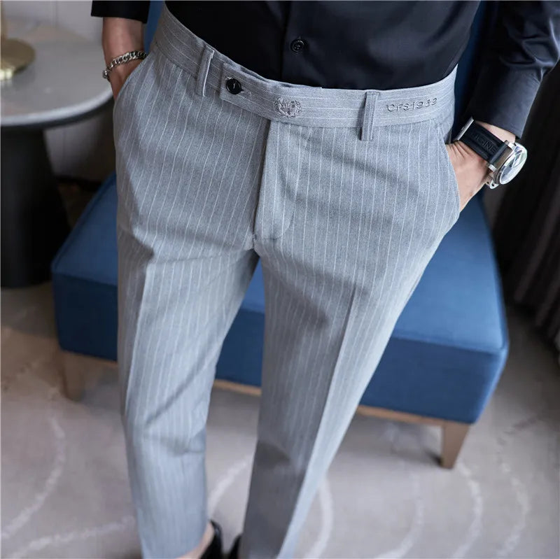 New Korean Style Fashion Striped Embroidery Suit Pants Men's Business Slim Casual Straight Pants Formal Wedding Party Trousers