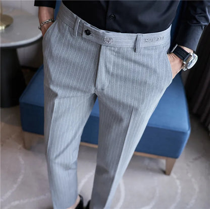 New Korean Style Fashion Striped Embroidery Suit Pants Men's Business Slim Casual Straight Pants Formal Wedding Party Trousers