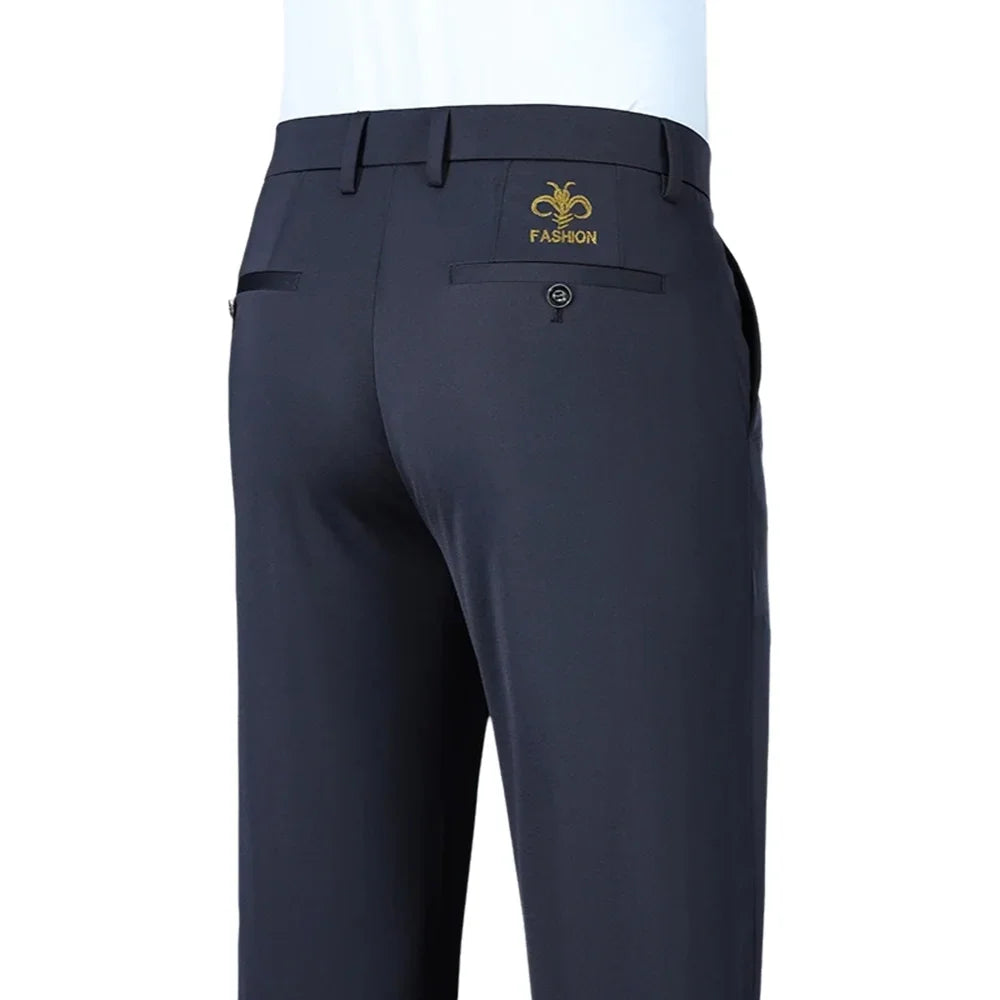 Men's Stretch Pants with Embroidery Casual Suit Pants Wrinkle Resistant Dress Pants