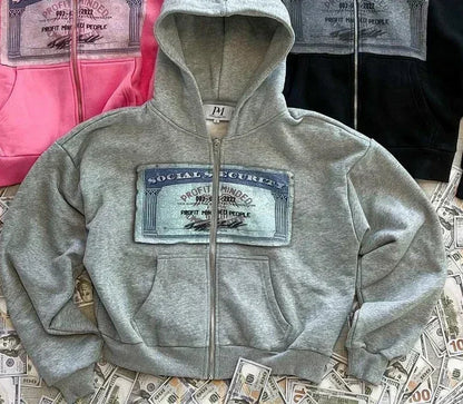 Gray Y2K Harajuku Dollar Print Hoodie Euro Street Style Best Seller Viral Harajuku Inspired Gray Cash Graffiti Design Streetwear