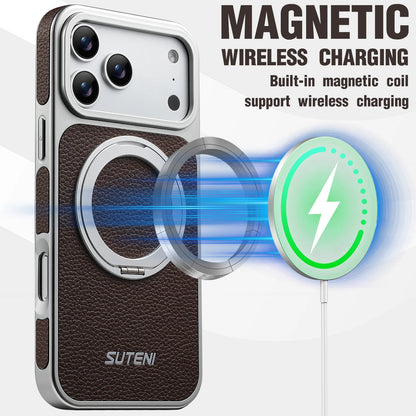 Faux Leather Magnet Wireless Charging Phone Case 360° Rotating Stand Ring Buckle Frosted Feel For iPhone 17 Pro Max 16 15