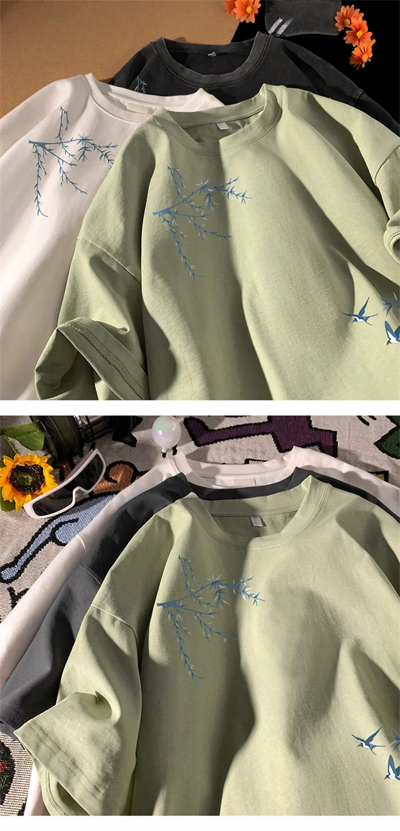 Men's Oversized T-shirts Fashion White 5XL Cotton T Shirt for Men Casual Summer Wear Bird Print Tee Shirts Men Clothing
