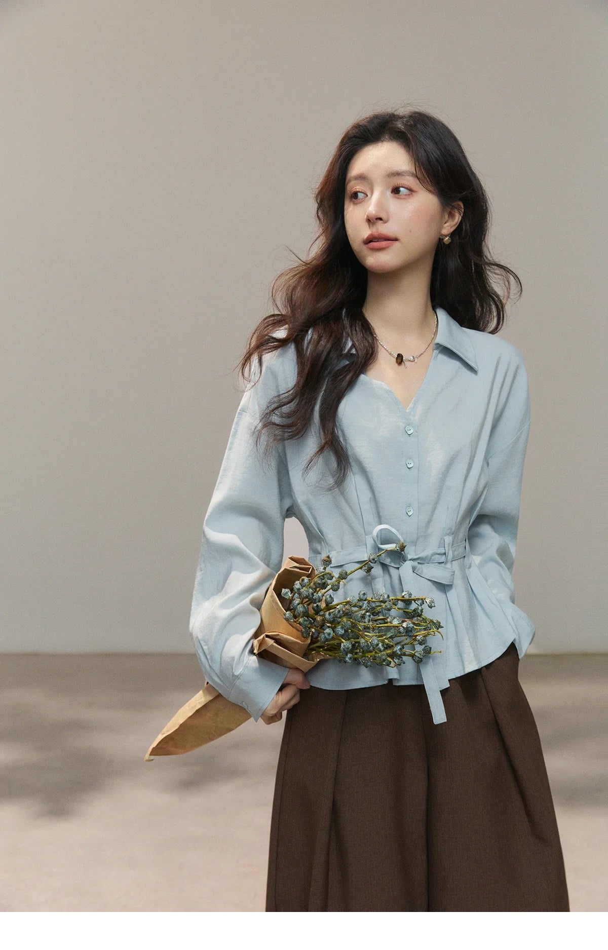 Women's Light Blue Lyocell Shirt 2026 Spring Polo Neck V-neck Belted Waist Shirt Casual Peplum Long Sleeve Top MXF13C2437
