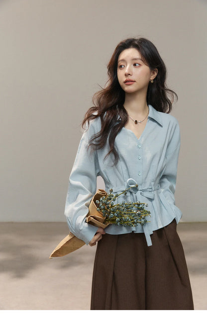 Women's Light Blue Lyocell Shirt 2026 Spring Polo Neck V-neck Belted Waist Shirt Casual Peplum Long Sleeve Top MXF13C2437