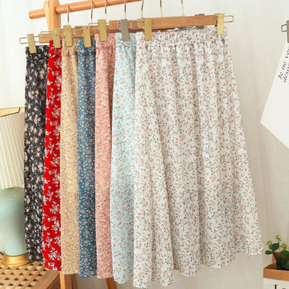 Women Chiffon Midi Skirt Korean Fashion Floral Loose Skirts High Waist Female Casual All Match A Line Skirts Summer New