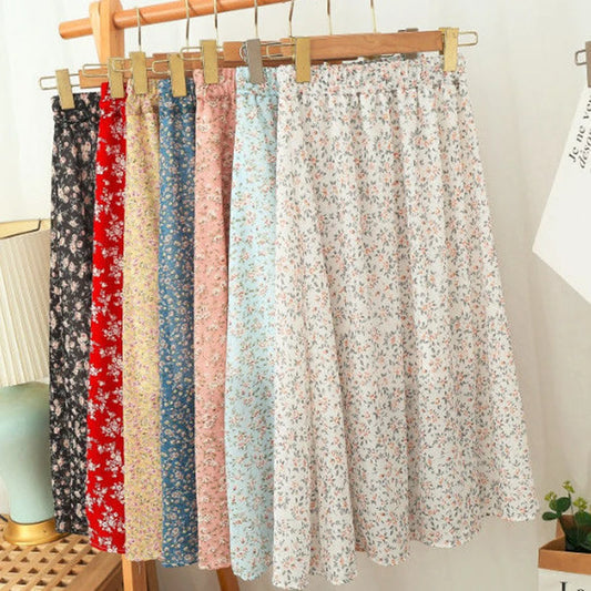 Women Chiffon Midi Skirt Korean Fashion Floral Loose Skirts High Waist Female Casual All Match A Line Skirts Summer New
