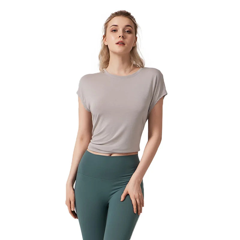 Women's Split Side Yoga Top Sexy Open Back Fitness T-shirt Loose Fit Workout Tee Running Sports Cover Gym Wear Woman Clothing