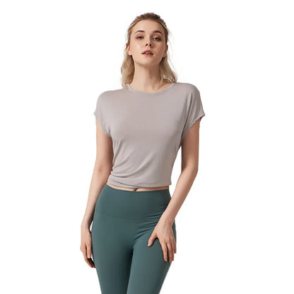 Women's Split Side Yoga Top Sexy Open Back Fitness T-shirt Loose Fit Workout Tee Running Sports Cover Gym Wear Woman Clothing