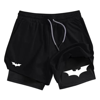 Bat Print 2 in 1 Performance Shorts for Men Athletic Breathable Quick Dry Shorts with Phone Pocket Gym Workout Running
