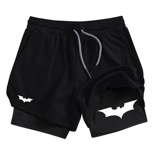 Bat Print 2 in 1 Performance Shorts for Men Athletic Breathable Quick Dry Shorts with Phone Pocket Gym Workout Running