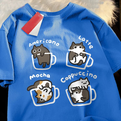 Cat Coffee Pure Cotton Trendy Summer Loose Short Sleeved T-shirt Men Women Original Mocha Latte Cat Three Flowers Fun Cat Tees