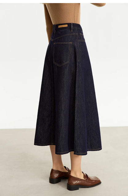 Minimalist Women Denim Skirt 2025 Autumn New French Retro Loose Basics Casual A-line Office Lady Cotton Midi Skirt 12343070