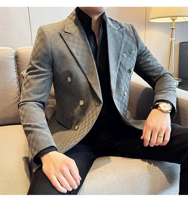 6 Color Luxury Double Breasted Blazers Coats 2024 New Fashion Checkered Business Slim Fit Social   Formal Suit Jacket 5XL-M