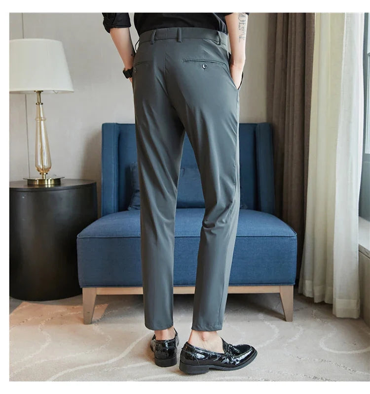Mens Dress Pants Trousers 2025 Summer New Thin Breathable Solid Casual High Elastic Slim Fit Suit Pants Streetwear Men Clothing