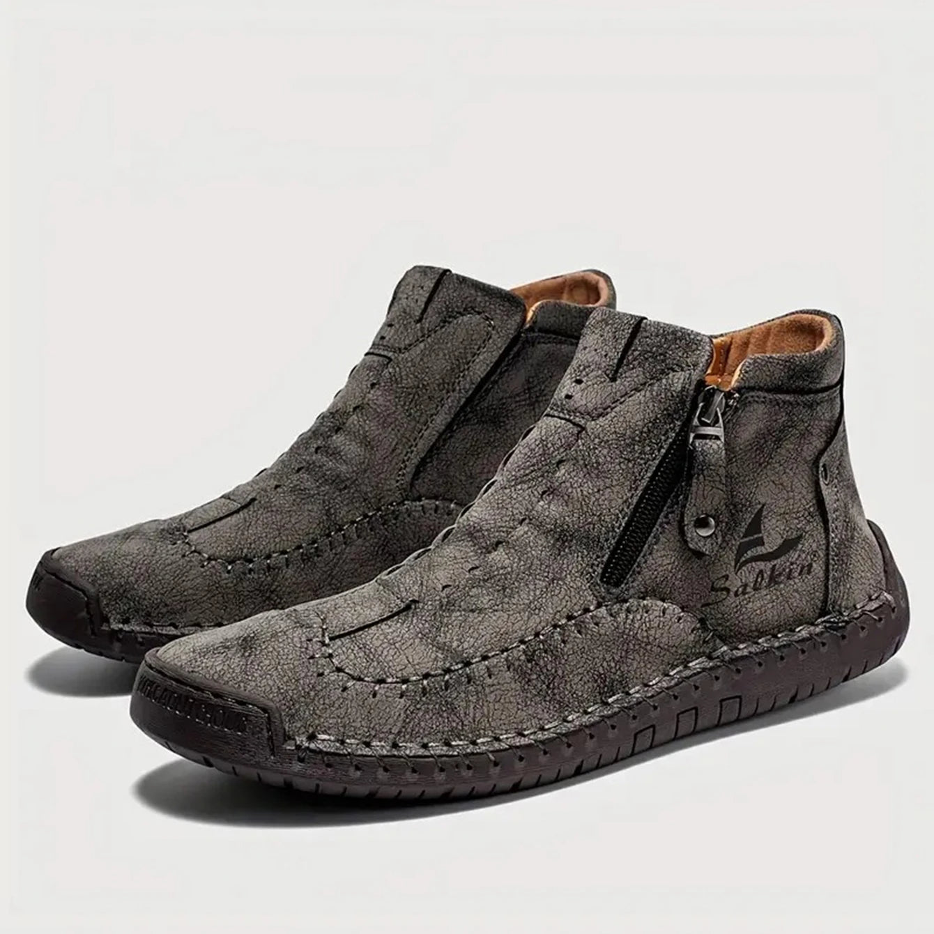 Men's Hand-Sewn High-Top Boots, Fashionable Side-Zip Casual Shoes, All-Season Outdoor Boots, Large Size Men's Shoes, Comfortable Bare Boots
