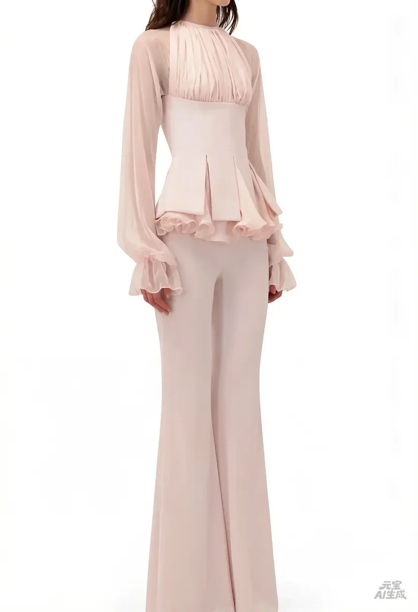 Customized Light Pink Elegant Pantsuit Evening Dresses Sheer Long Sleeves Wedding Party Dress Pleats Ruched Formal Prom Gown