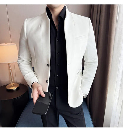 New Waffle Chinese Stand-Up Collar Blazers Men Slim Fit Business Casual Fashion Suits Jacket Formal Social Prom Party Tuxedos