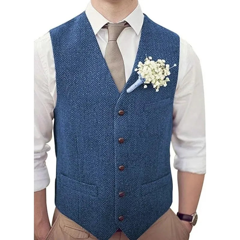Men Vest Silver Herringbone V Neck Single Button Waistcoat For Wedding Banquet Birthday Business Casual Work Men Suit
