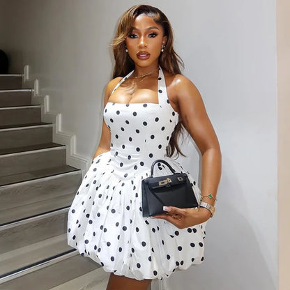 Polka Dot A-line Puff Mini Dress Women Elegant Halter Strapless Backless High Waist Night Club Party Birthday Dress Robe