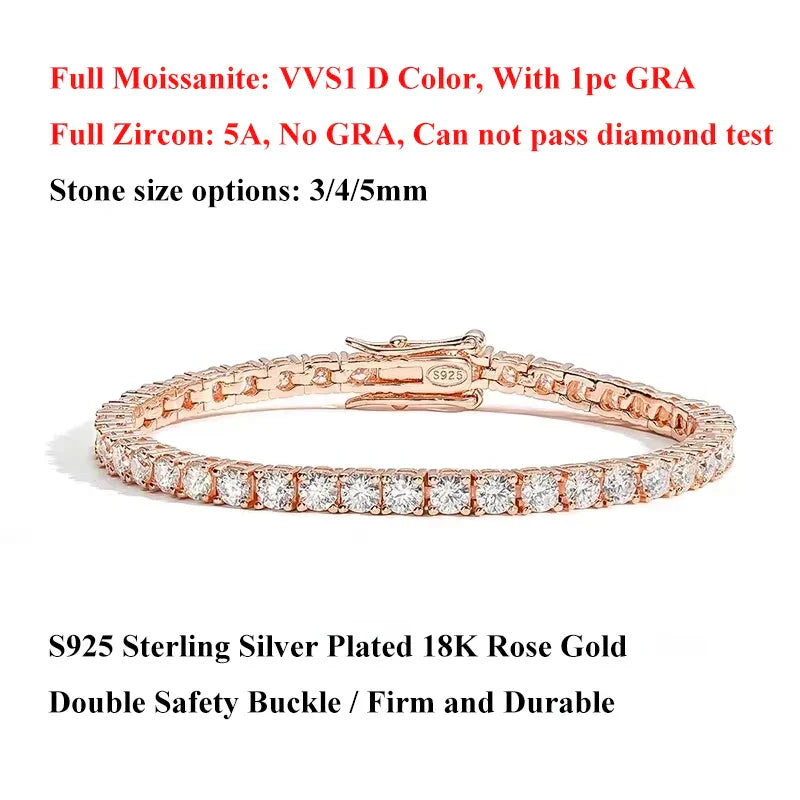 3mm 4mm 5mm Moissanite Tennis Bracelet for Women Men 925 Silver Plated 18k Gold Pass Diamond Tester Link Bracelets Bangle
