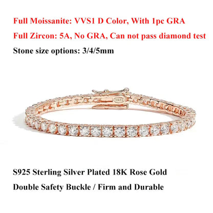3mm 4mm 5mm Moissanite Tennis Bracelet for Women Men 925 Silver Plated 18k Gold Pass Diamond Tester Link Bracelets Bangle