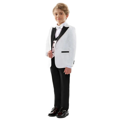 2026 New Formal Black Jacquard Suit Set 4 Pieces Wedding Ring Bearer Outfit Handsome Peak Lapel Suits For Birthday Party 3-14T