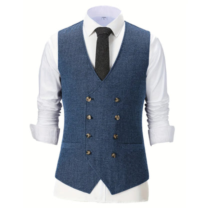 Men Vest Chanpagne Herringbone Double Button V Neck Waistcoat For Wedding Party Business Work Office Daily Casual Men Suit Vest