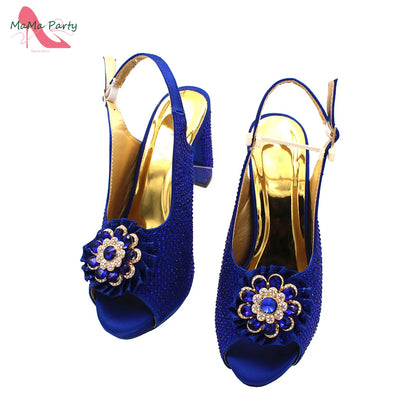 African Mature Women Shoes and Bag to Match in Teal Color Comfortable Heels with Platform for Garden Party
