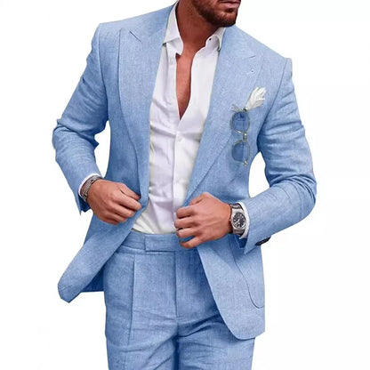 Linen Causal Men Suits for Beach Party Solid Color Business Two Pieces Wedding Tuxedo Set Peak Lapel Suit Jacket with Pants