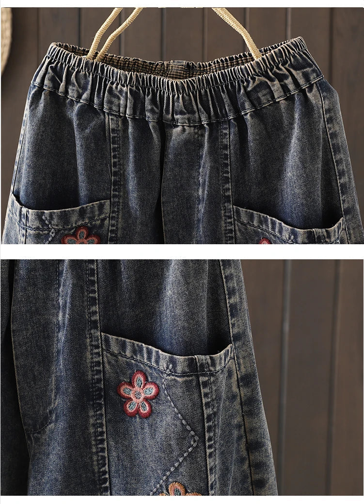 Retro Ethnic Sle Embroidered  Plum Blossom Jeans Women Loose Patchwork Print Nine Points Harlan Pants Spring Sle