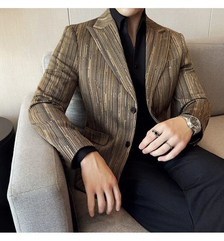 Fashion Meteor Line Checkered Elegant Suit Jacket Men Fashion De Luxe Business Slim Fit Single Breasted Social Party Dress Coats