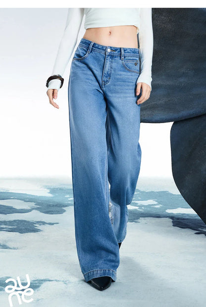 Women Denim Jeans 2025 Spring New Acetate Wide Leg Mid Low Waist Slim Fit Straight Wide Leg Pants