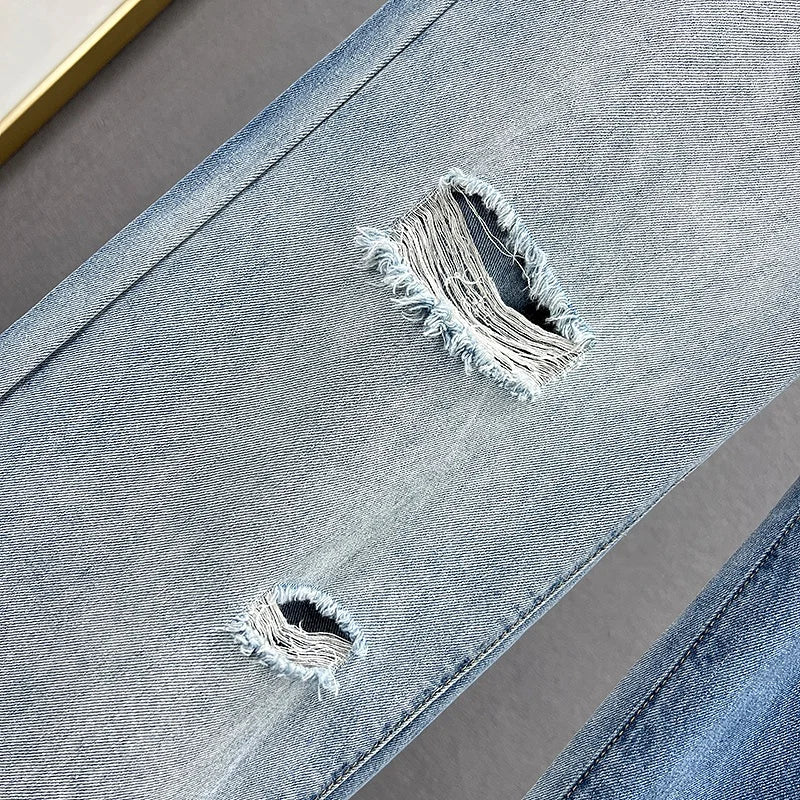 High Waist Wide Leg Jeans Women's Summer Loose Slimming Diamond Embedded Long Pants Break Hole Denim Pants Hong Kong Sle ...