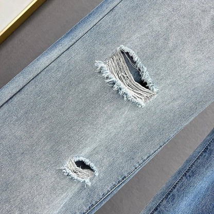 High Waist Wide Leg Jeans Women's Summer Loose Slimming Diamond Embedded Long Pants Break Hole Denim Pants Hong Kong Sle ...