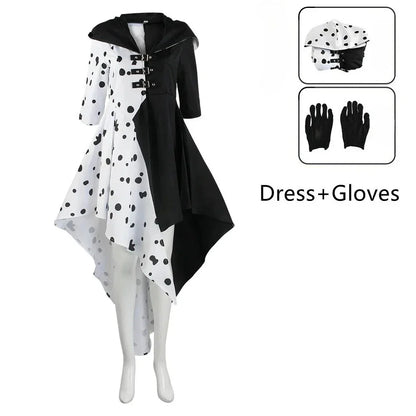Anime Cruella cosplay costume dress set with gloves cloak Halloween carnival set adult female Cruella De Vil costume