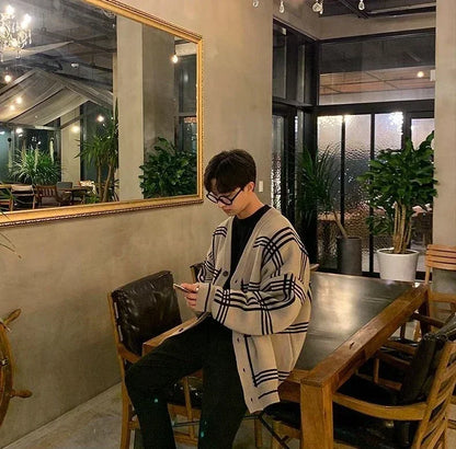 Men's Clothing Cardigan Jacket V Neck Coat Knit Sweater Male Plaid Elegant Casual Long Sleeve 100% Korean 2025 Autumn Classic A