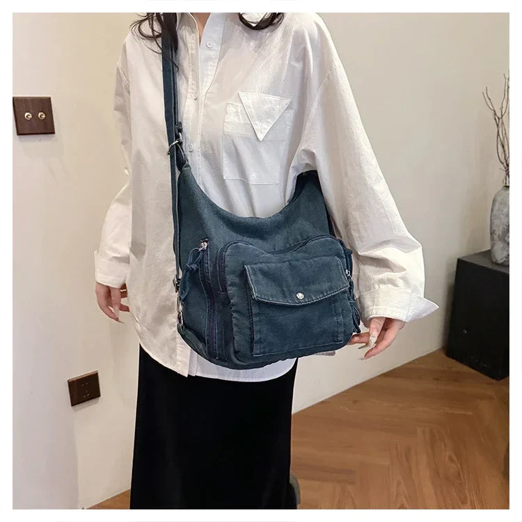 Solid Color Denim Trendy Shoulder Bag for 2025 High Quality Fashion Zipper Large Capacity Versatile Women's Crossbody Bag