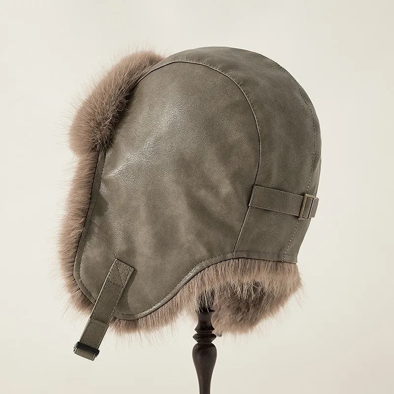 Women Winter Windproof Cold Proof Hat Man Warm Leather Pilot Hats Adult Long Fur Ear Protection Cap