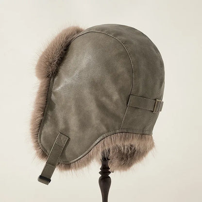 Women Winter Windproof Cold Proof Hat Man Warm Leather Pilot Hats Adult Long Fur Ear Protection Cap