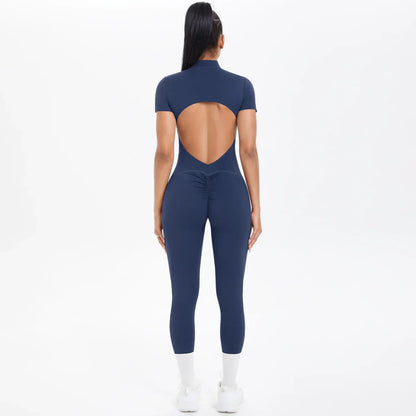 Short Sleeved Fitness Jumpsuit for Woman Bodysuits Backless Solid Color Scrunch One-Piece Suit Half Zipper Gym Yoga Sets Womens