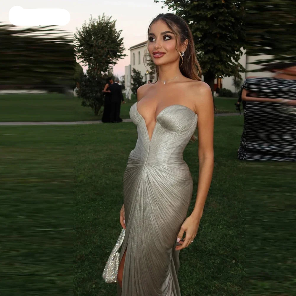 Mermaid Arab Glitter Satin Prom Dress Sleeveless Sweetheart Evening Dresses Split Prom Gown Robe De Soirée Customized