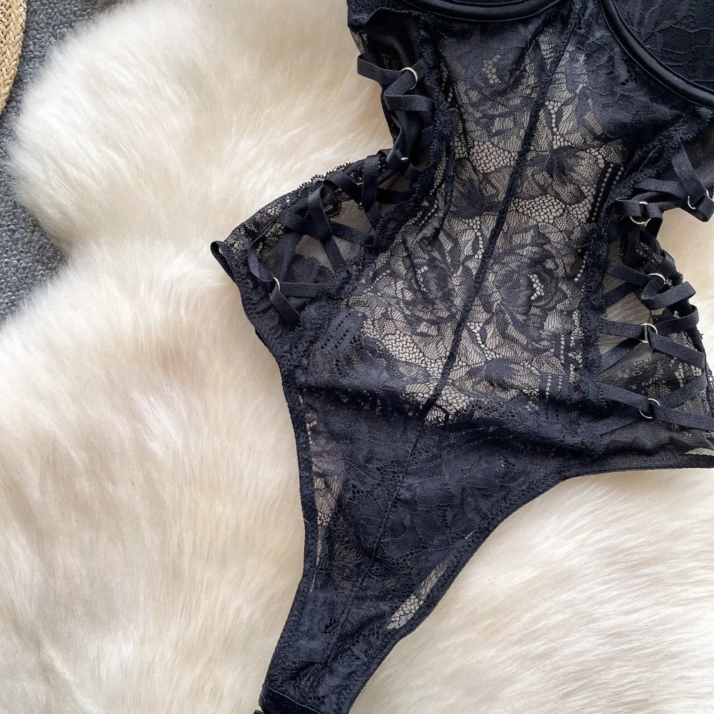 Sexy Lace Push Up Bodysuit See Through Mesh Patchwork Sleeveless Slim Thin One Pieces Elegant Women's Strappy Lingerie