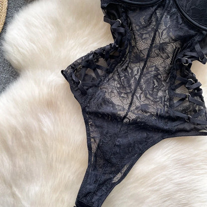 Sexy Lace Push Up Bodysuit See Through Mesh Patchwork Sleeveless Slim Thin One Pieces Elegant Women's Strappy Lingerie