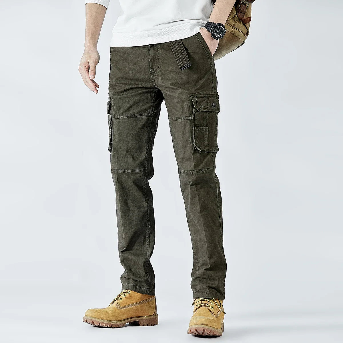 2026 Men's Cargo Pants Straight Leg Cotton Stretch Tactical Trouser Male Military Outdoor Camping Fishing Casual Work Wear Khaki